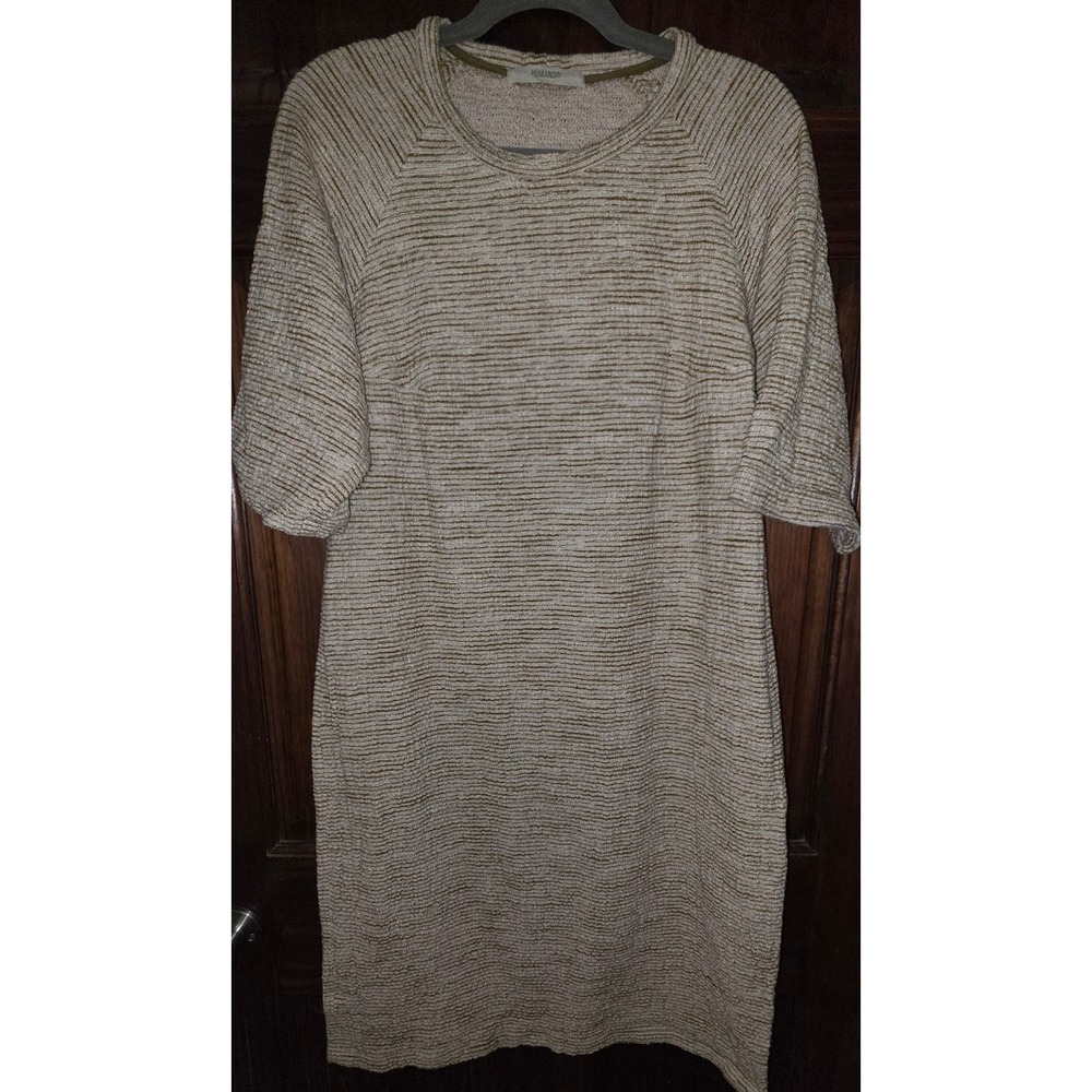 Humanoid Textured Knit Raglan Dress Cream Olive Stripe Mid Length
